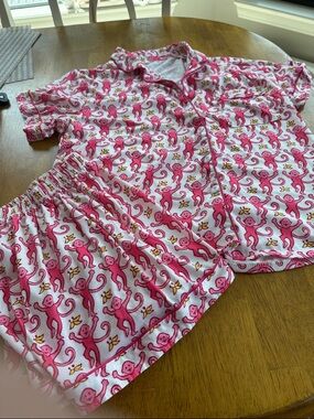 Girls Pink Monkey-Print Short Pajama Set